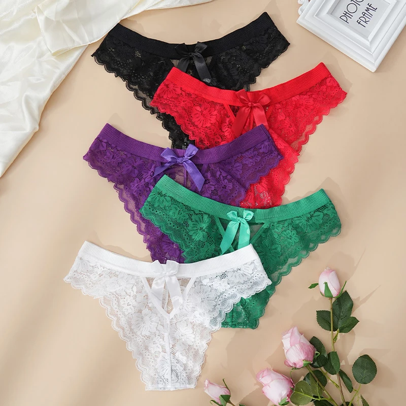 1PC Sexy Women's Thong Sensual Bow Openwork Lace Women's Underwear Sweet Romantic Seductive 100% Cotton Crotch Panties