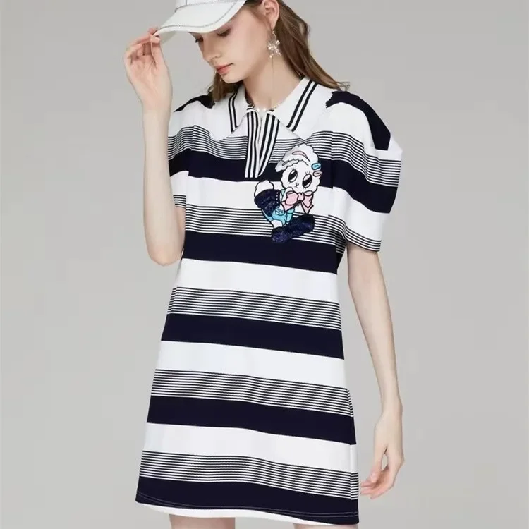 Short Sleeve Knitted Sports Dress Women Korean Embroidery Cartoon Cool Rabbit Summer Stripped Dress Robe Femme Vestidos NZ32