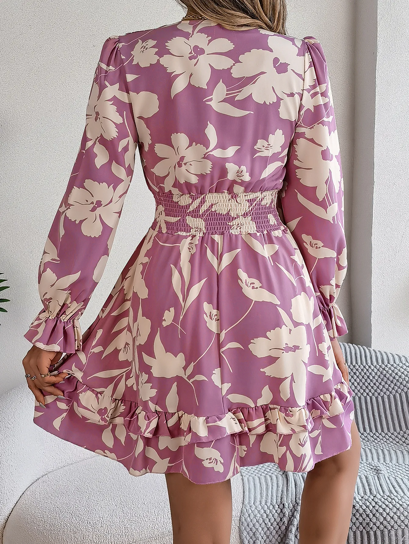 2025, Herbst-Winter, lässig, floral, langärmelig, A-Linien-Rock mit ausgestelltem Saum, Damenkleid, elegante Mode, schöne Damenkleider