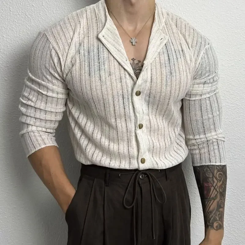 Korean Men Solid Color Hollow Round Neck Loose Casual Versatile Literary Cardigan