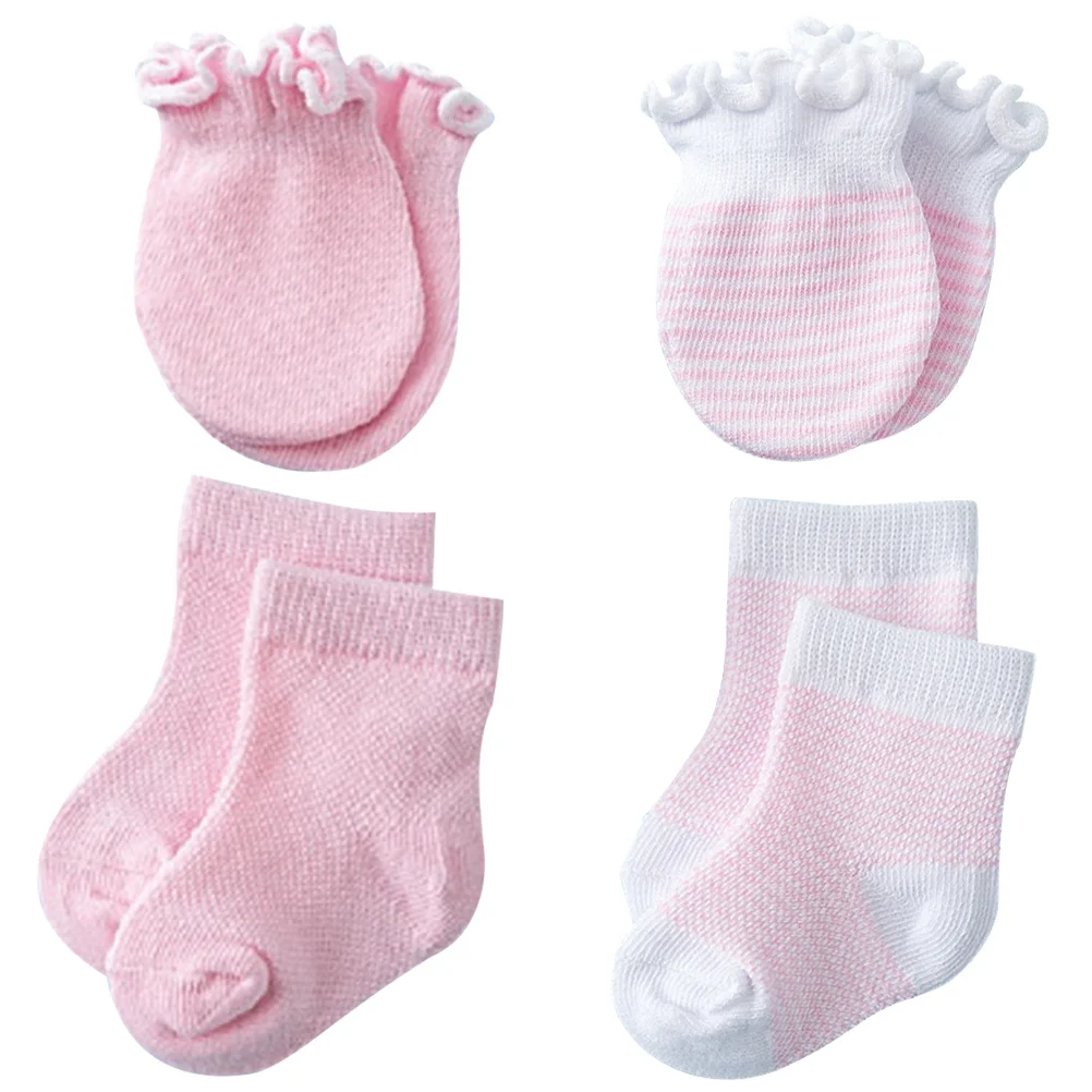 4 pares de guantes de bebé, manoplas de algodón suave antiarañazos, calcetines infantiles transpirables, calcetines cálidos de protección para niños