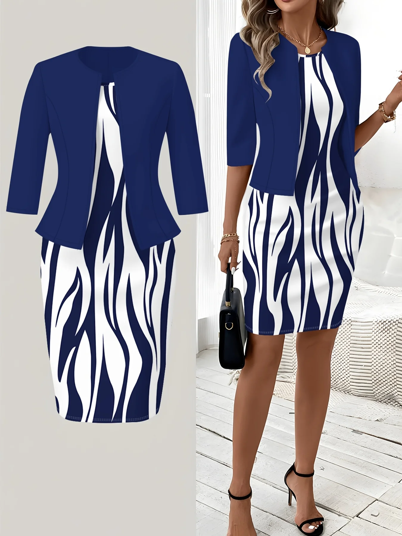 Printed design Casual Style Blue And White Zebra Print Round Neck Dress Set