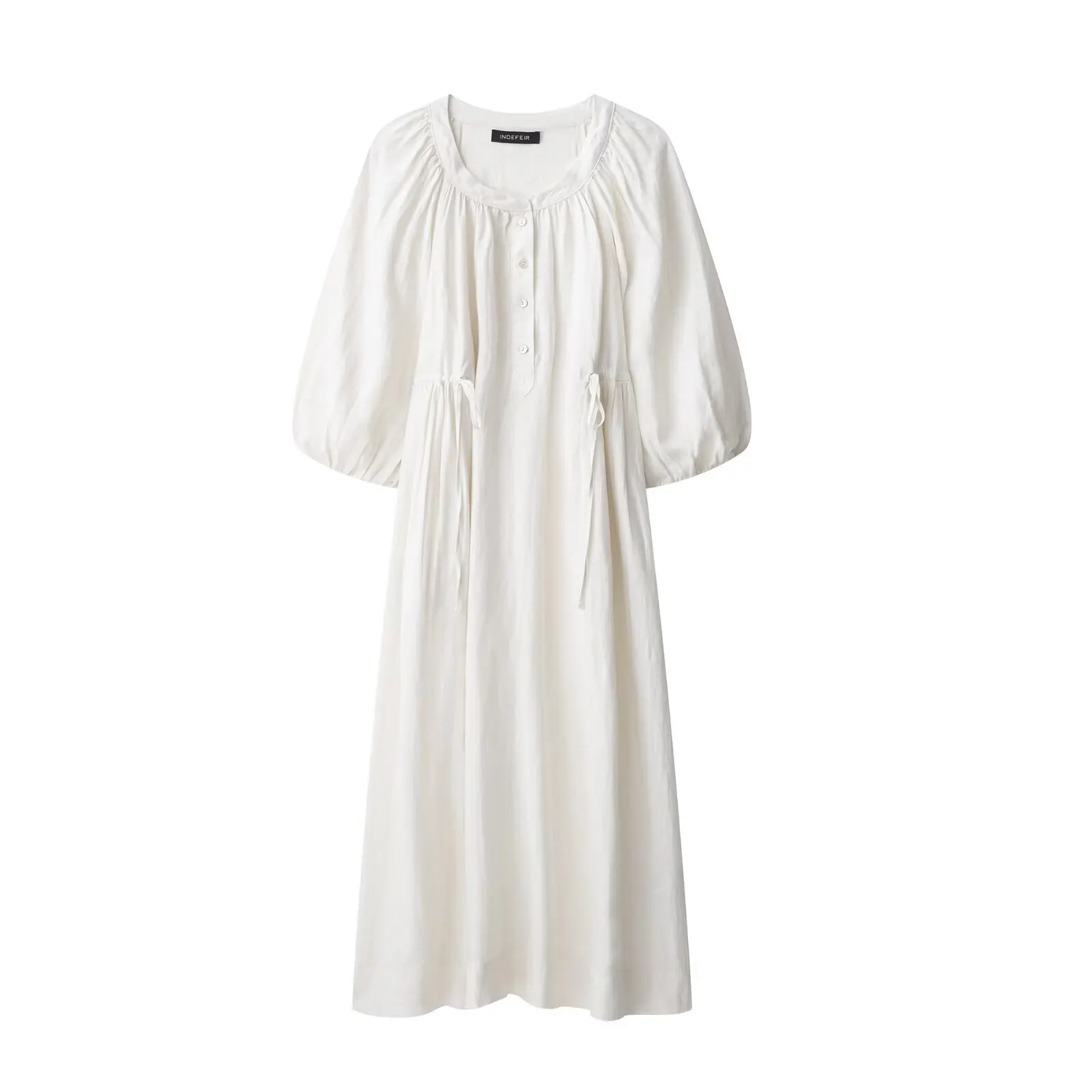 ชุดเดรสผ้าลินินแท้ทรงเอวเข้ารูปสำหรับผู้หญิง เสื้อผ้าผู้หญิงเอวสูง สไตล์ลำลอง กระโปรงทรงบับเบิ้ลความยาวปานกลาง