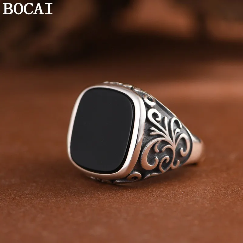 

Новое кольцо BOCAI из серебра S925 пробы в ретро-стиле, квадратное, с инкрустацией агатом и узором «Тан-Гра», открытое