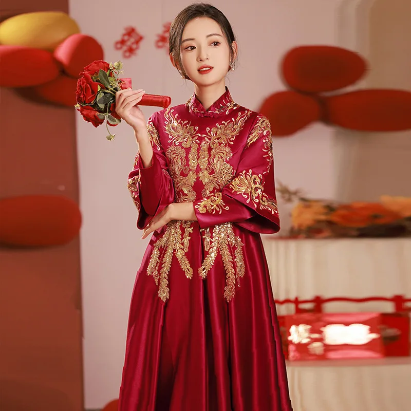 

Red High Waist Materni Qipao Wedding Dr Lightweight Belly Covering Easy to Wear Ele Chinese Sle Celebration Gown