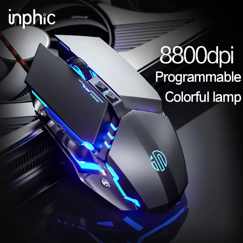 INPHIC W2 Gaming Mouse Silent Click USB Optical Wired Mouse 4800DPI Ergonomic Mice 6 Programmable Buttons RGB Breathing LED PC