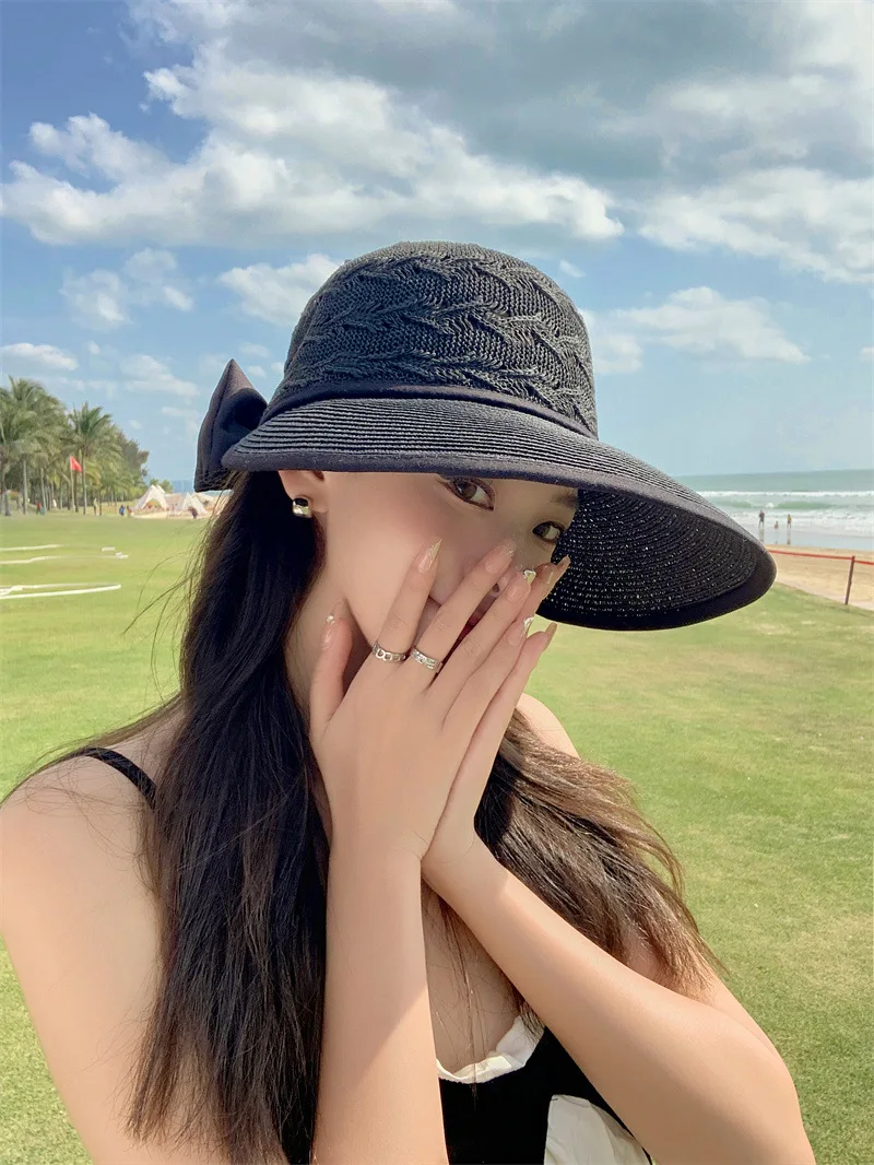 Women Ponytail Straw Sun Hat Wide Brim Visor Summer Adjustable Cap Sun Beach Foldable Hats