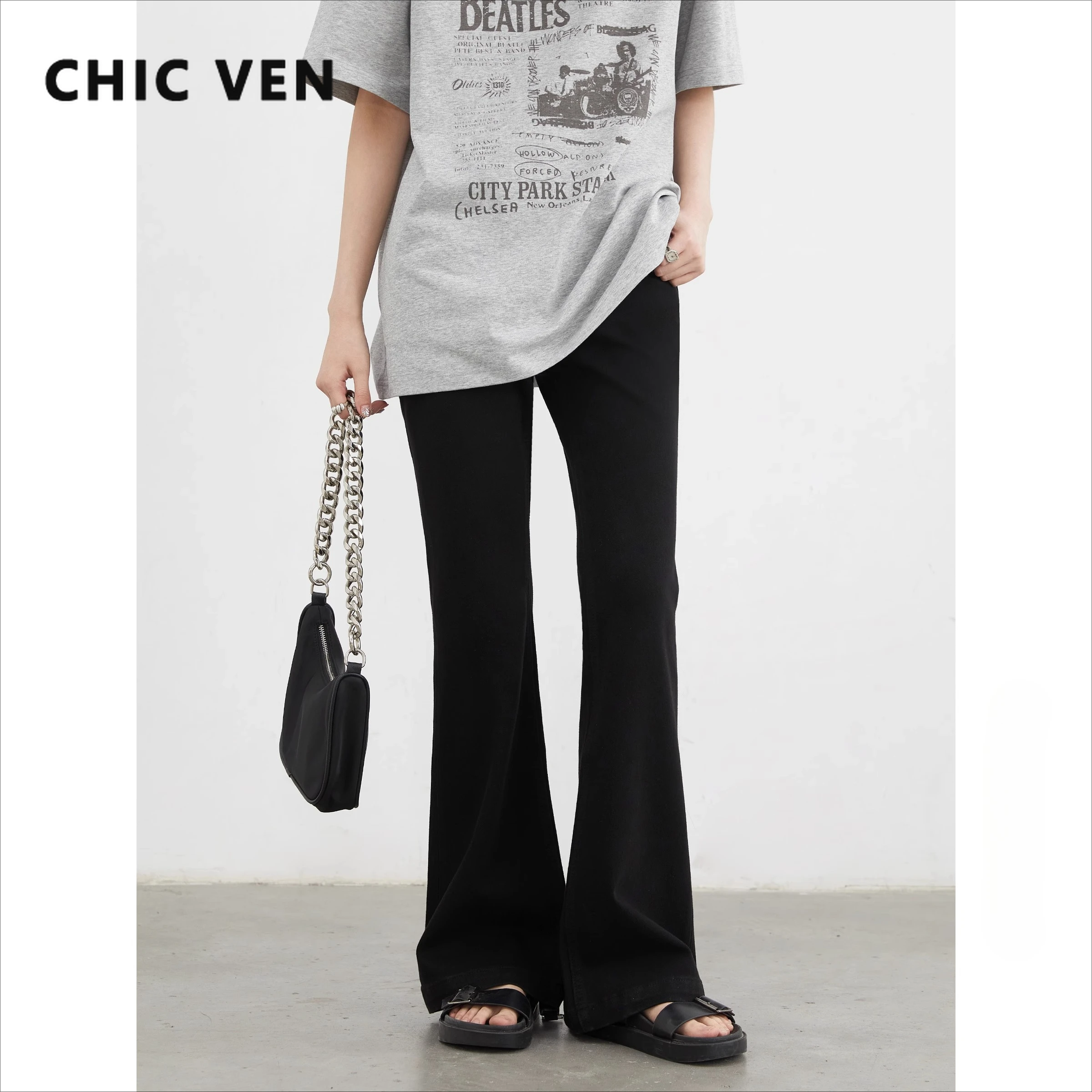 CHIC VEN جينز نسائي أسود جديد عالي الخصر مطاطا سليم صالح متوهج حدوة الحصان كامل الدينيم السراويل النسائية صيف 2025 #1