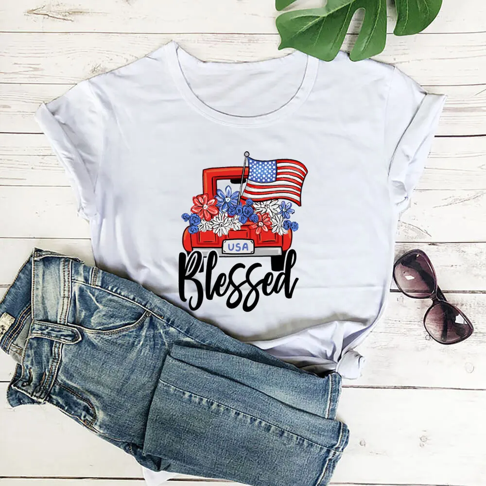 

Blessed Truck New Arrival 4th of July Shirt 100%Cotton Women Tshirt Unisex Funny Summer Casual Short Sleeve Top Christian Shirt