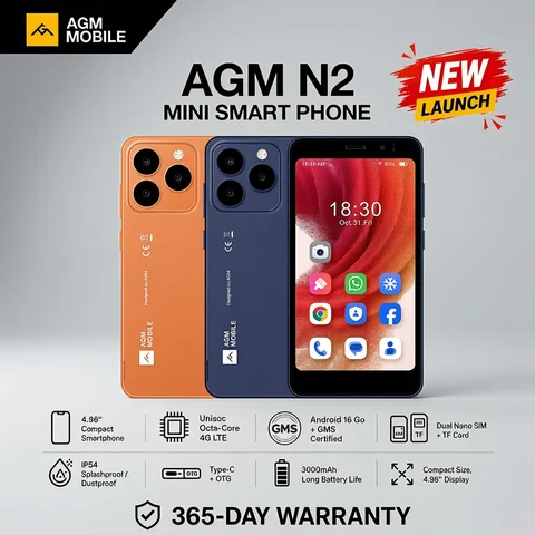 AGM N2 Mini Smartphone Compact Size 4.96' Display 3GB 32GB 3000mAh Removable Battery Android 16 GO System Lightweight Phone