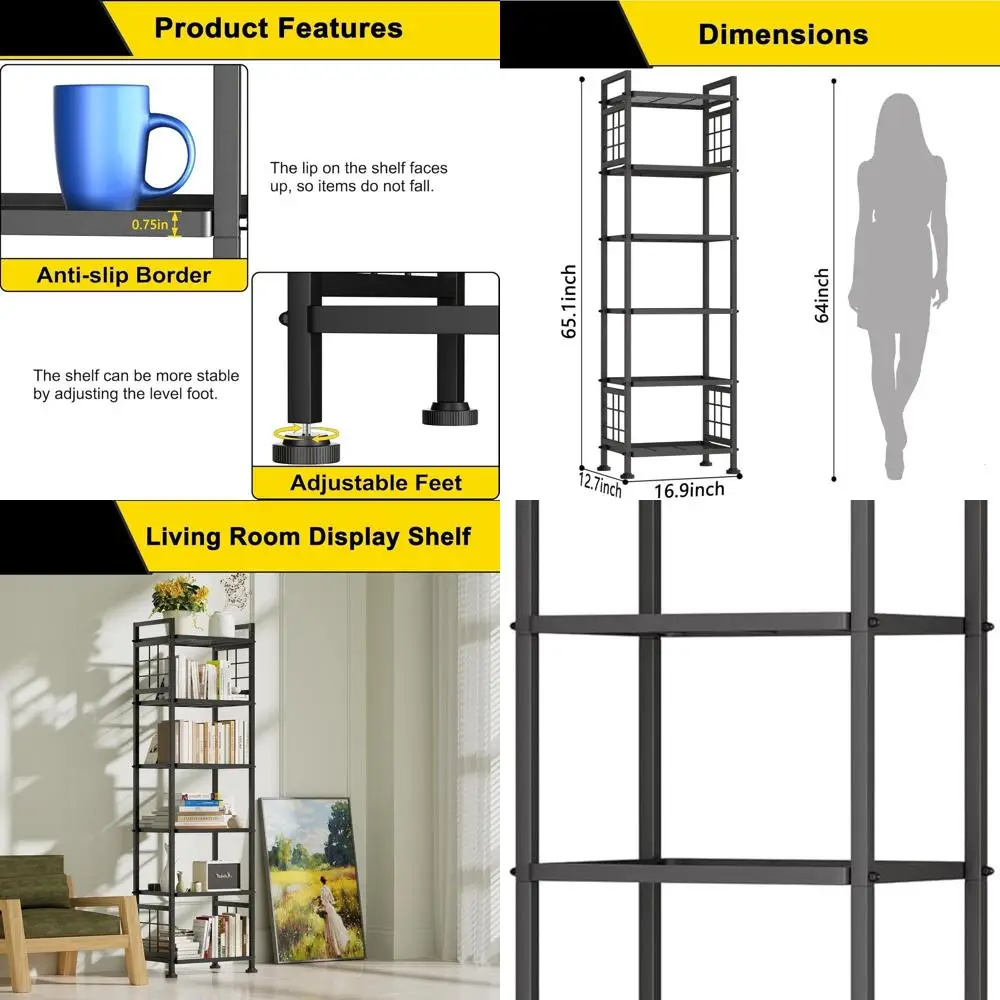 

6-Tier Freestanding Storage Shelf for Bathroom and Laundry Room, Metal Rack Organizer for Kitchen and Bathroom, Black