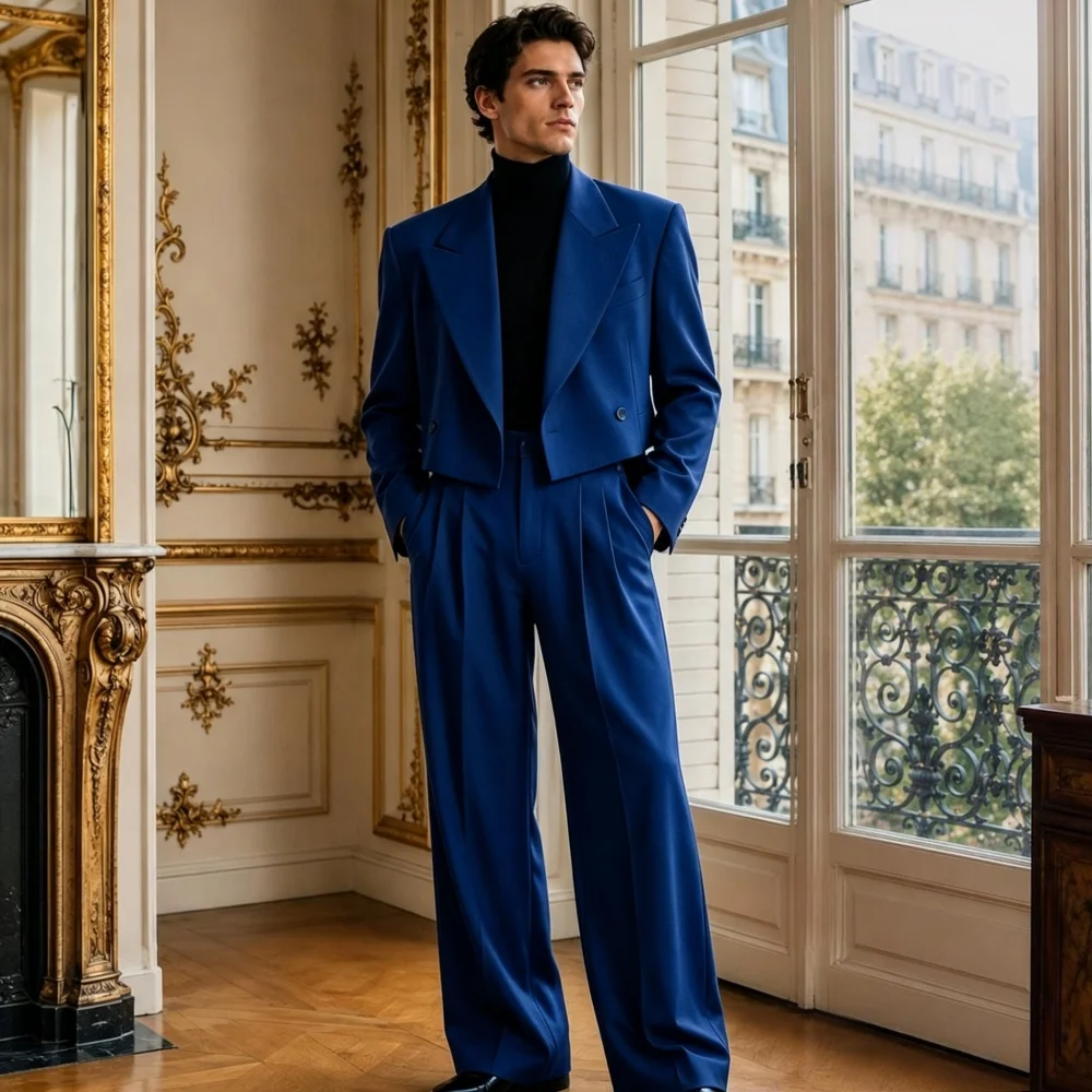 Double Breasted Relaxed Fit Cropped Wedding Suits for Men 2 Pieces Luxury Formal Groom Tuxedo with Wide Leg Pleated Pants