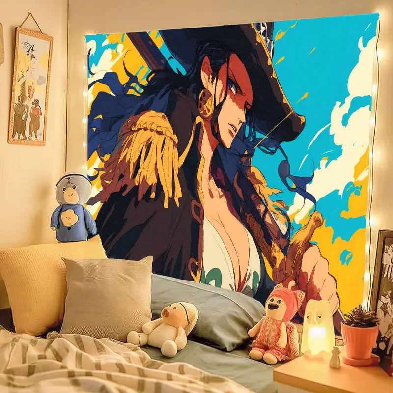 Arazzo pirata femminile estilizzato da 1 pezzo con capelli lunghi scuri e spada, sfondo cielo blu vibrante, decorazione da parete per soggiorno in camera da letto