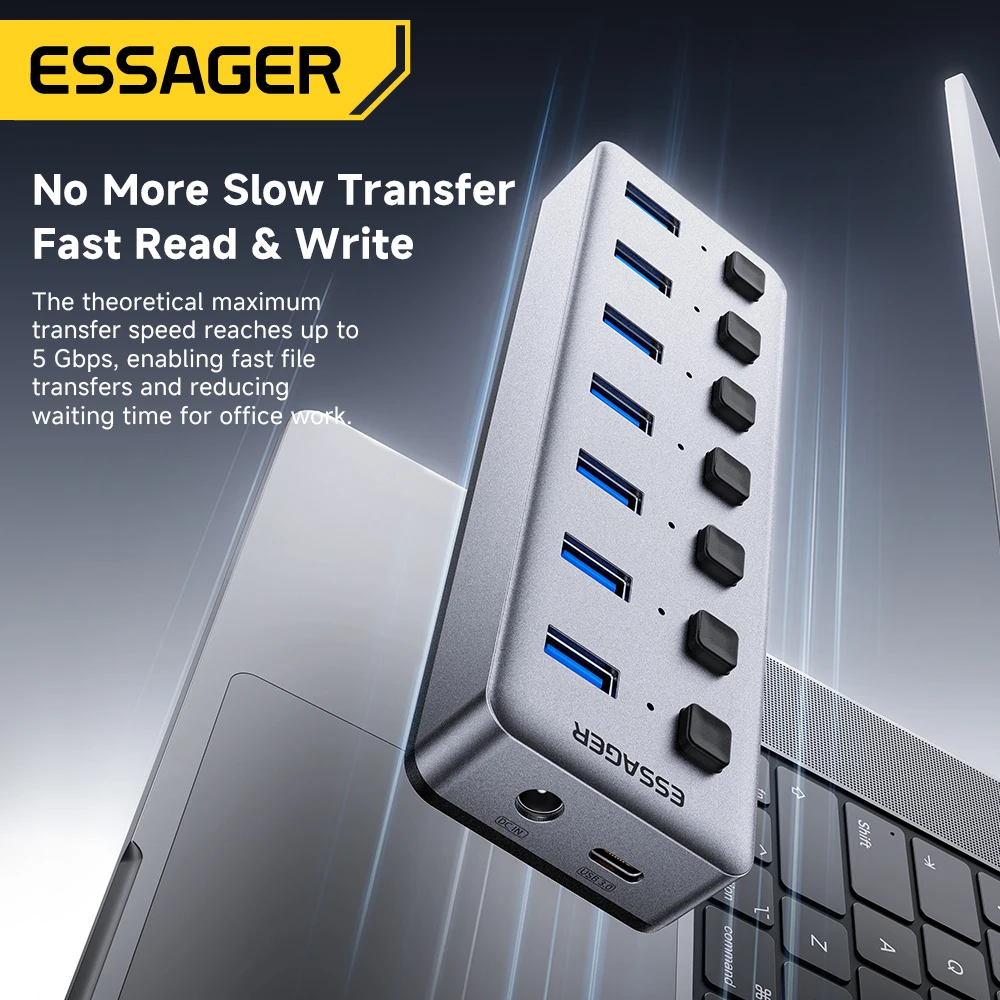 Essager 7 Port USB 3.0 Hub Multi-port USB Splitter 5Gbps Splitter Adapter With 24W EU US Charger for Laptop PC Macbook Phone