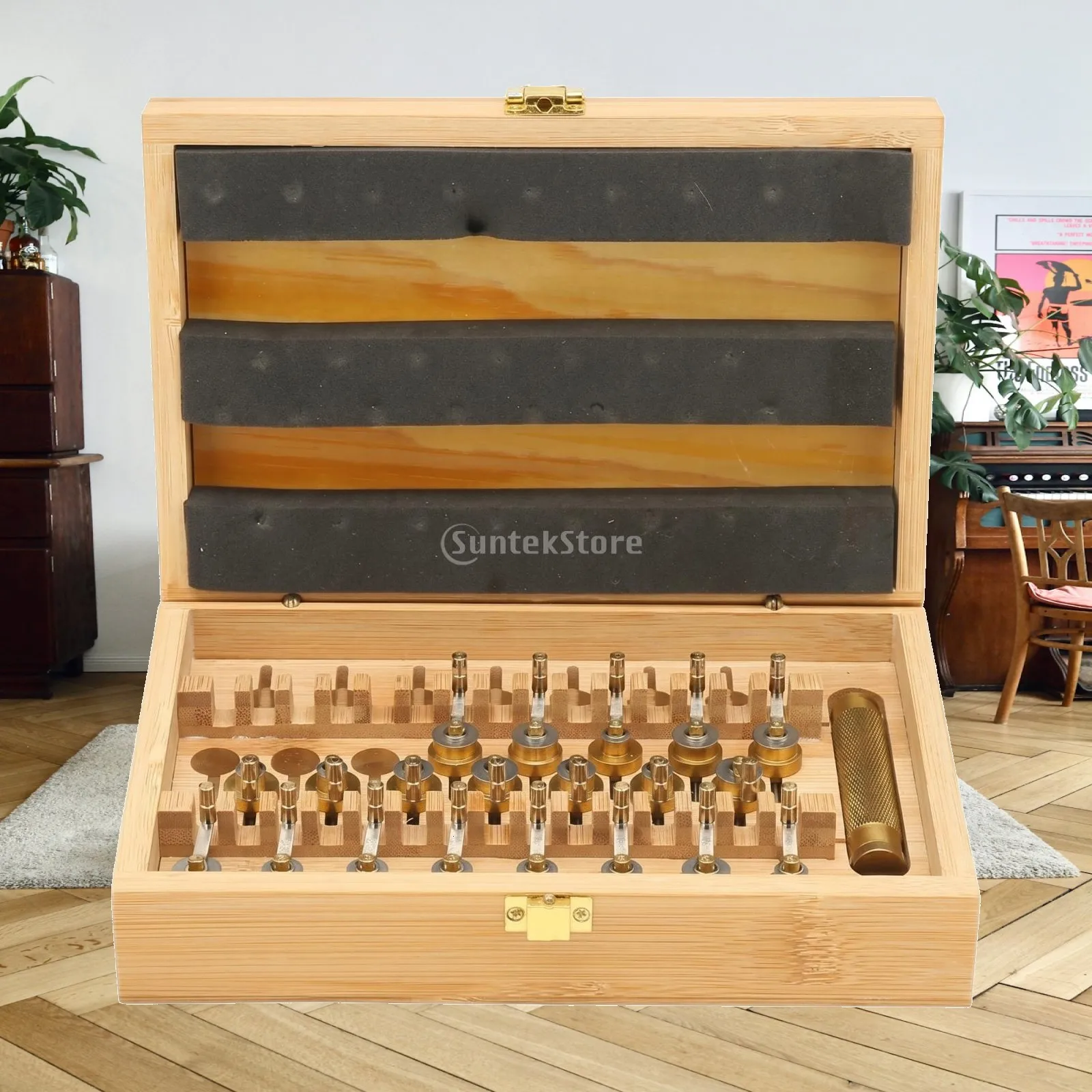 Watch Tools Kit with 20 Winding Keys and Driver for Watch Repair Work in Wooden Case with Hinged Lid Storage