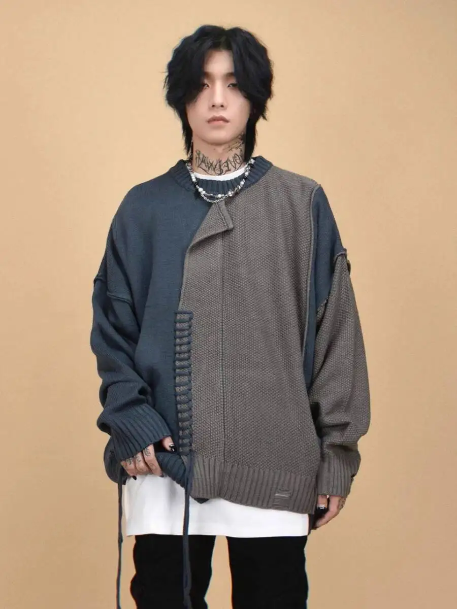 Autumn Men's Streetwear Niche Sweater Irregular Stitching Color Block Patchwork Design Round Neck Pullover Knitwear