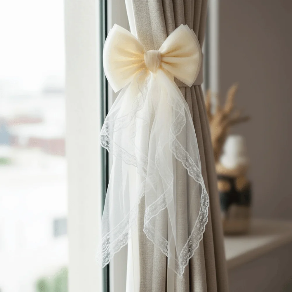 Elegant Lace Curtain Bow Tiebacks Belt Tied Dreamy Style Window Curtains Binding Rope Bow-knot Design Solid Color