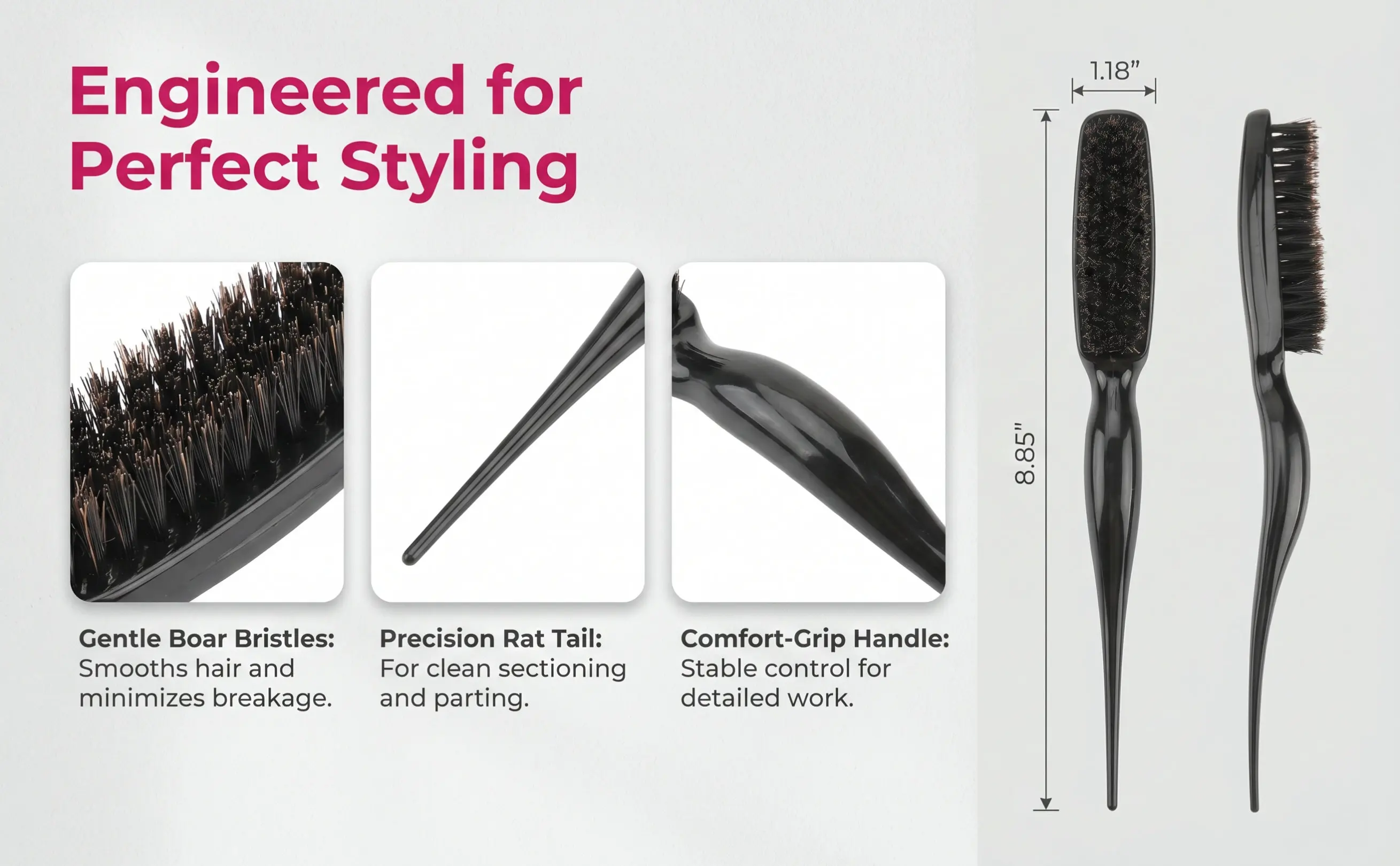 Ergonomic Handle Boar Hair For Salon Lightweight Small Size Easy Carry Rounded Tip Minimizes Damage Smooth Split Ends