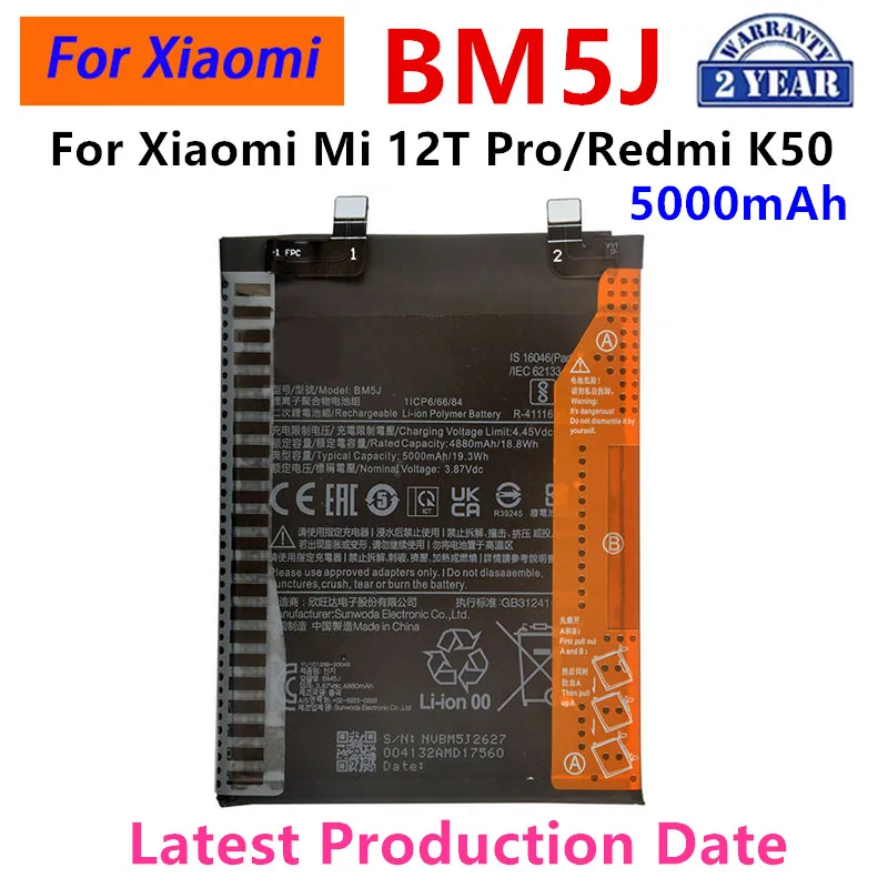 Brand New BM5J 5000mAh Battery  For Xiaomi Mi 12T Pro /Redmi K50  Phone Replacement Batteries