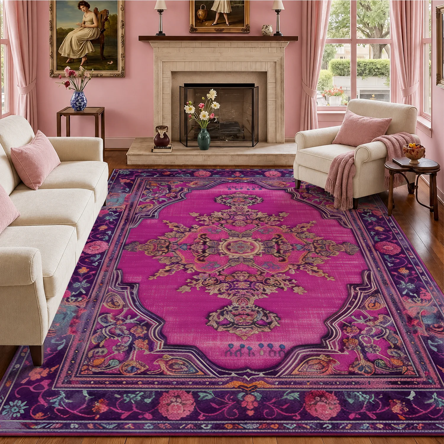 Large Indoor Area Rug, Soft Velvet Low Pile with Non-Slip Dotted Backing, Machine Washable, Vintage Oriental Persian Floral Medallion Design for Living Room Bedroom
