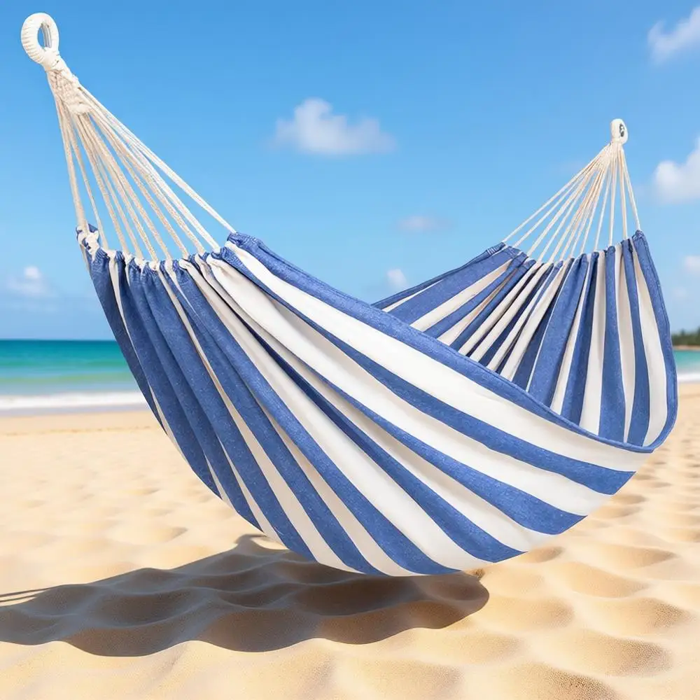 

Double-Sided Striped Outdoor Two-Person Hammock with Stand, Blue and White