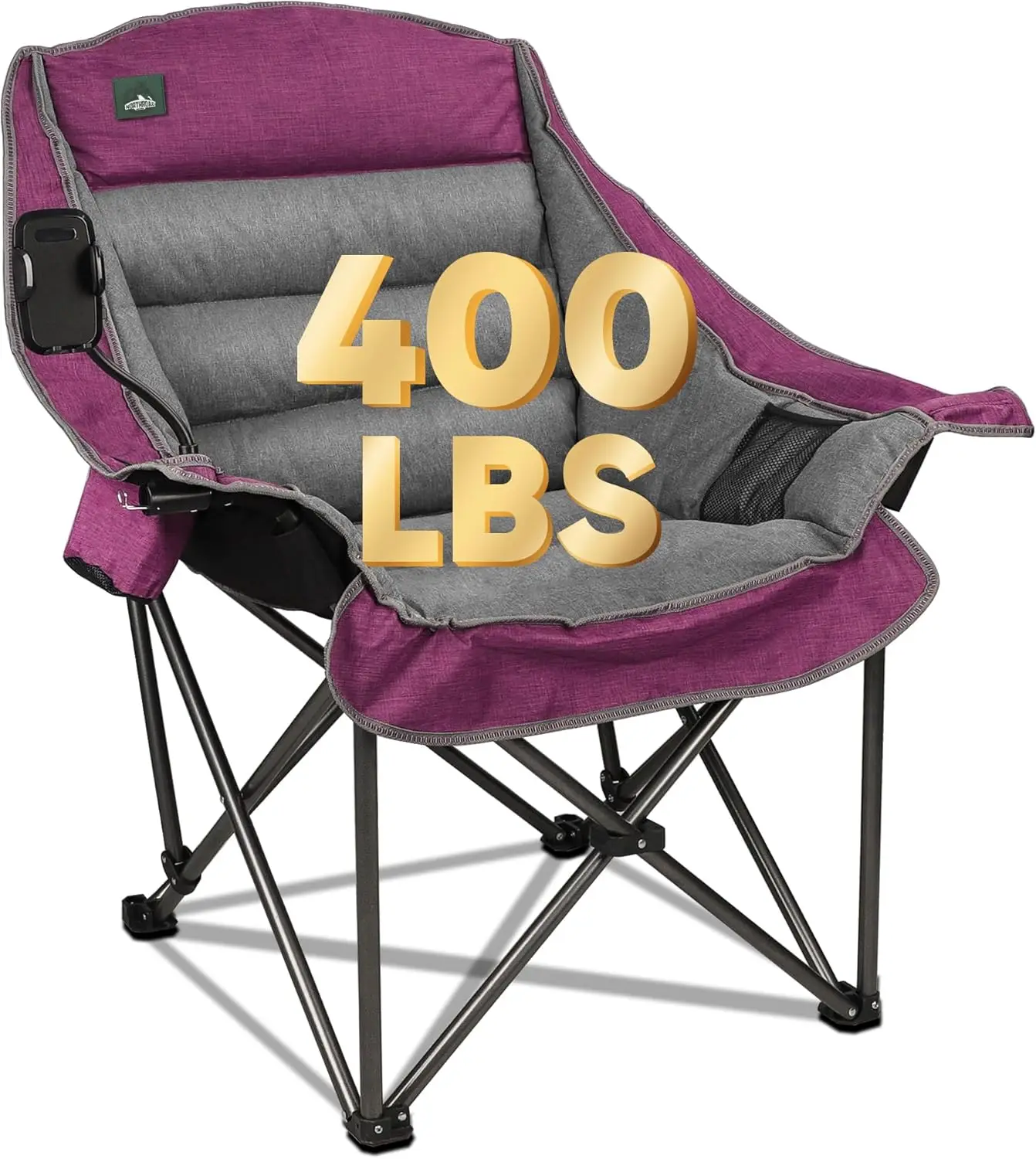 

Oversized XL Padded Camping Chair with Phone Holder, Foldable Lawn Chair for Outdoor Hiking, Beach, Picnics, 400-lbs Capacity