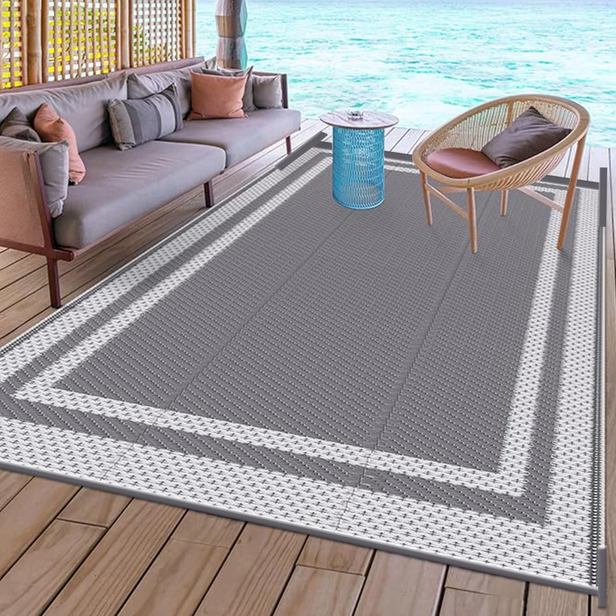6' X 9' Outdoor Mat with Ground Pegs - Durable PP Material, Gray and White Grid Pattern, Perfect for Patio, Camping and Outdoor