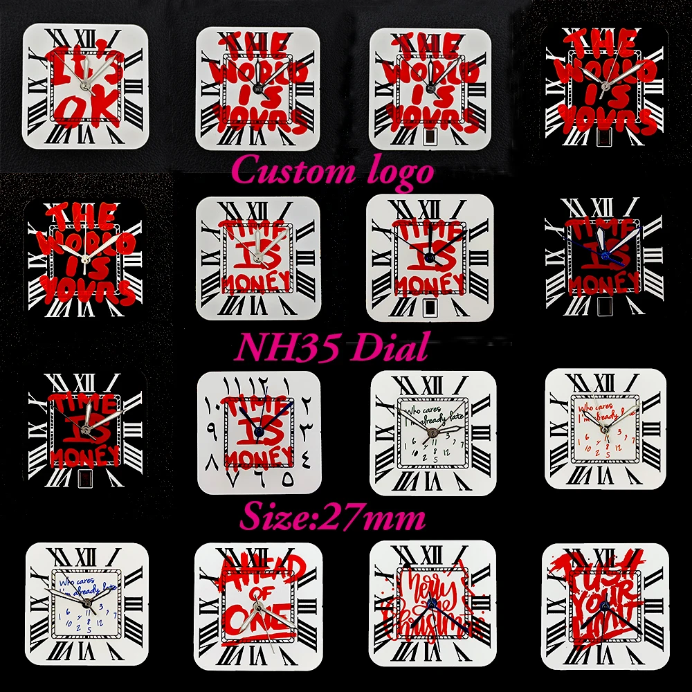 27mm NH35 Square Dial Men's Watch Time is Money Dial Customized Logo Dial Suitable for NH35 Movement Watch Accessories