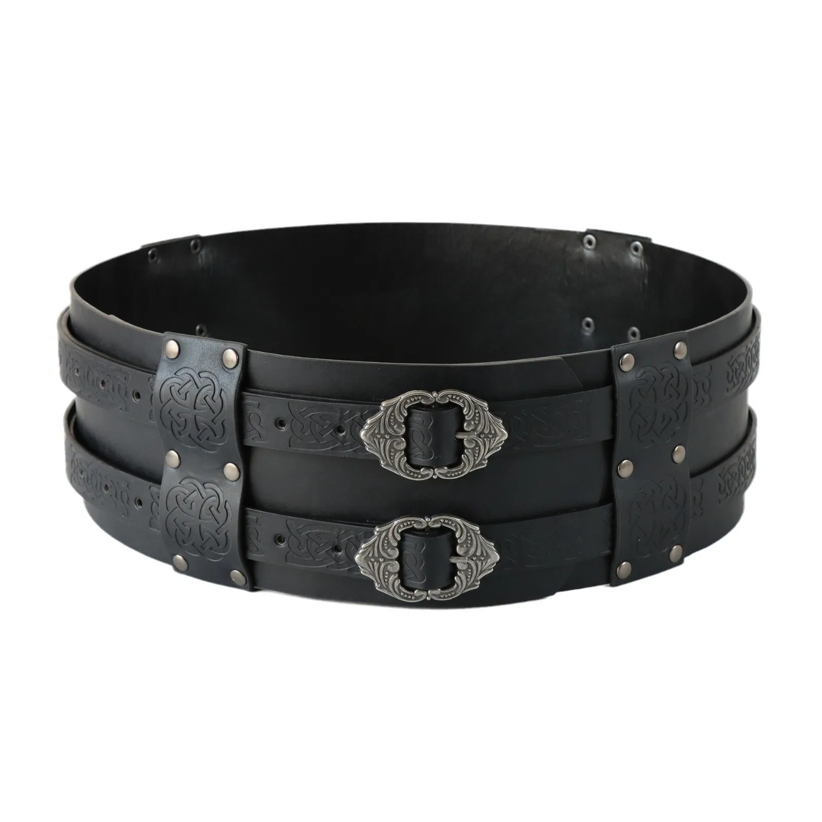 Medieval Viking PU Leather Wide Double‑Buckle Belt, Adjustable Celtic Knot Design Unisex Renaissance Knight Accessory Cosplay