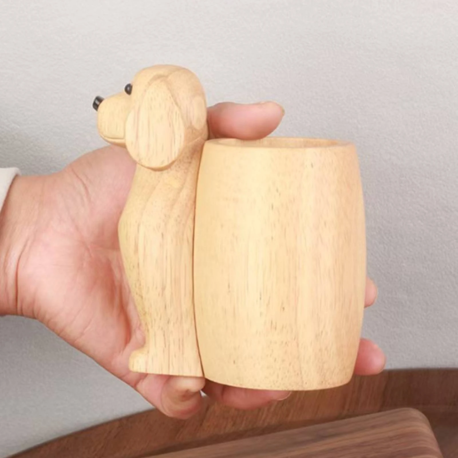 Wood Puppy Pen Holder Hollow Top Sitting Puppy Organizer Dog Pen Holder Decorative Wood Desk Ornament Space-Saving