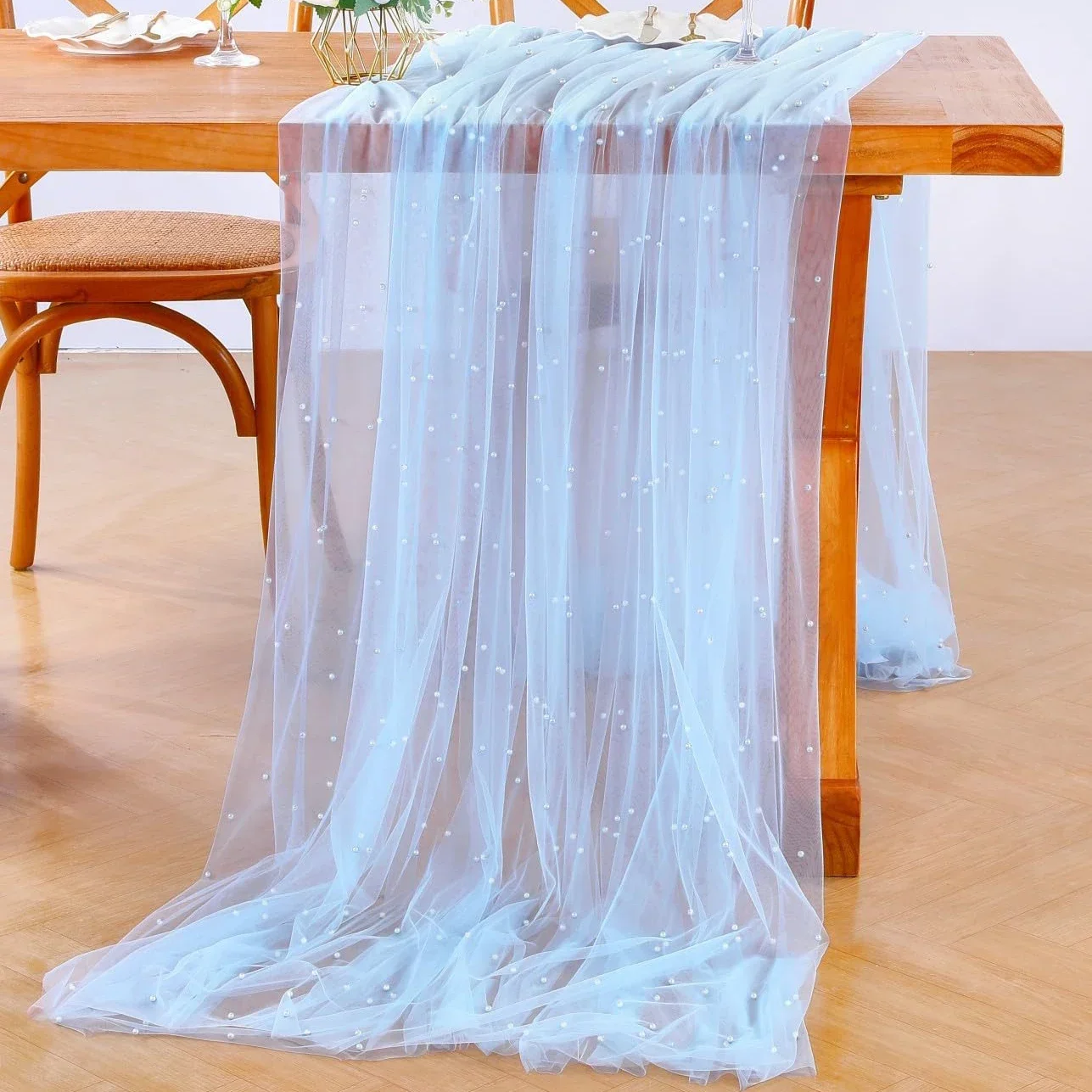 5pc Pearl Tulle Table Runner White Pearl Sheer Tablecloth Wedding Fabrics for Wedding Arch Dessert Baby Shower Romantic Decor