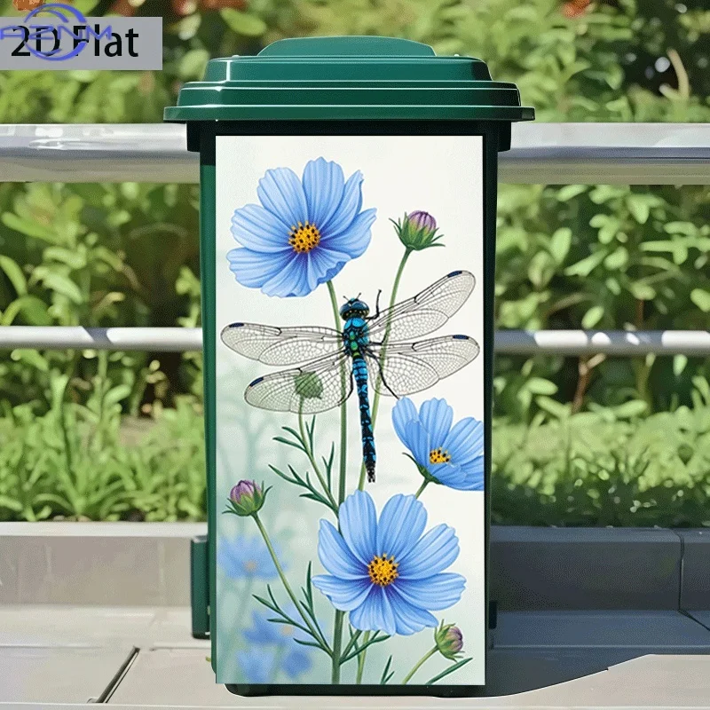 2D Flat Printing 1pc Trash Can Sticker inch Blue Dragonfly Perched on Blue Flower Theme Design Wall Sticker Decorative Self-Ad