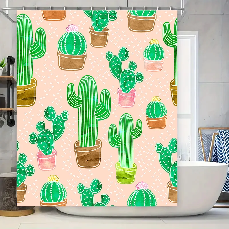

Green Cactus Shower Curtain Decorative Bathroom Accessories for Home Decoration Pink Background with Flora Design by TaurusDuan