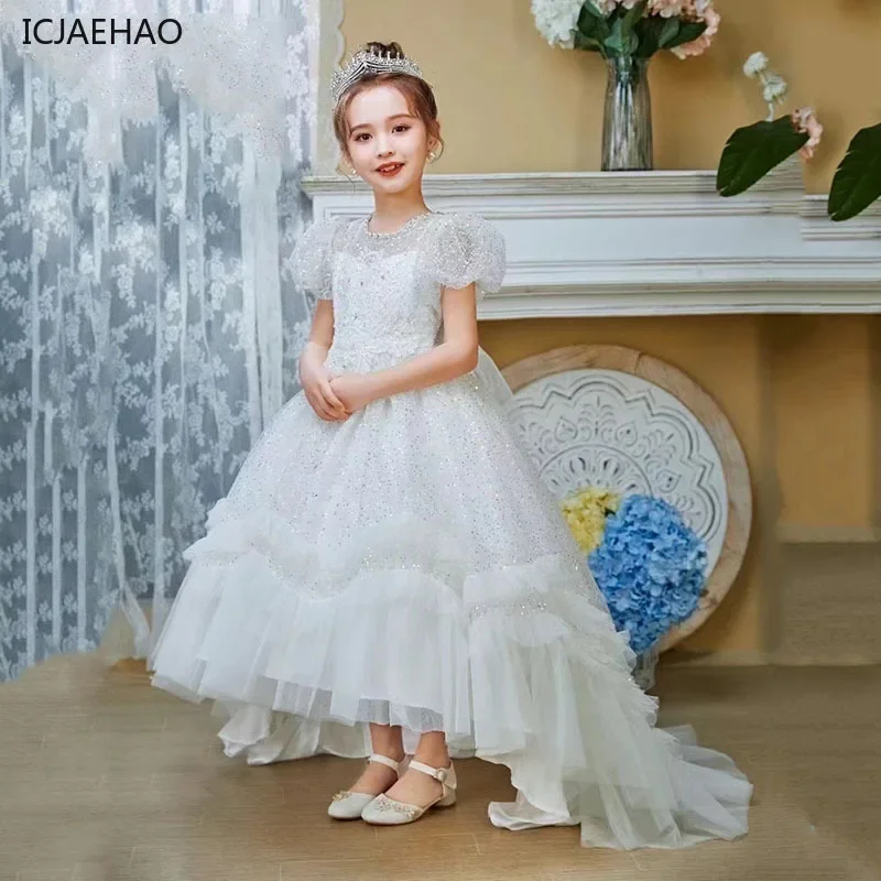 ICJAEHAO 2025 Elegant Dress for Trailing Tulle Sequin Teen VestidosGirls Children Ball Gown 8 to14 Years Wedding Bridesmaid