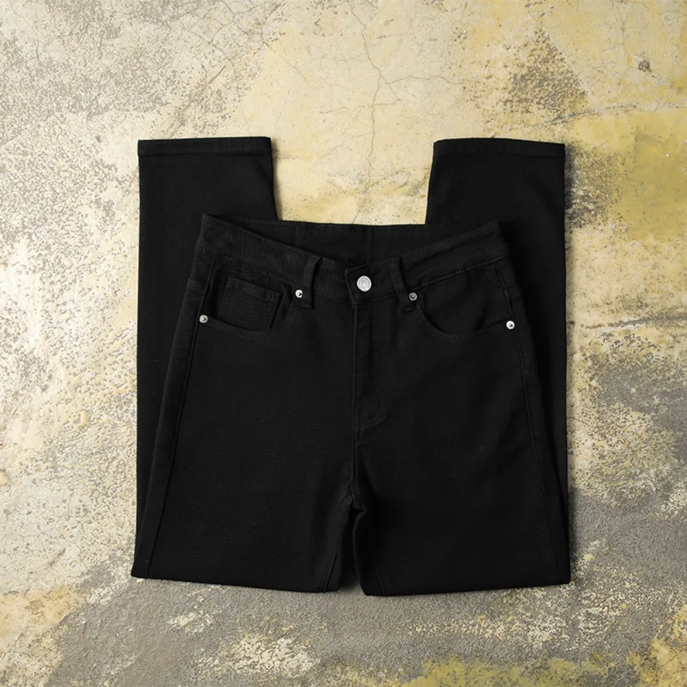 ใหม่กางเกงยีนส์ระดับไฮเอนด์สีดําบริสุทธิ์บางบางยืดหยุ่นอเนกประสงค์กางเกงขาตรงขนาดเล็ก