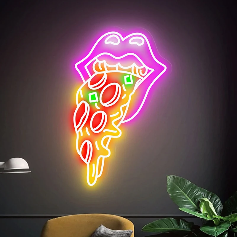 Pizza Lips Neon Sign Eating Pizza Neon Signs Restaurant Kitchen Decoration Night Light for Pizza Store Fast Food Shop Wall Decor