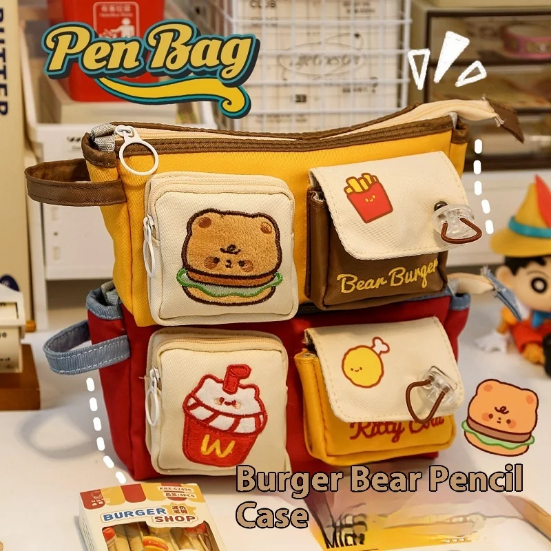 Little Bear Burger Pencil Case For Girls With A Design Sense Niche Large Capacity Stationery Bag  Junior High School Girl