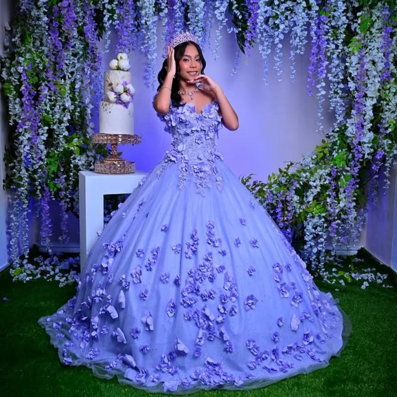 

Фиолетовые платья Quinceanera по индивидуальному заказу с открытыми плечами и блестками, кружевное платье с 3D цветком и длинным хвостом, Vestido 15, Quinceanera