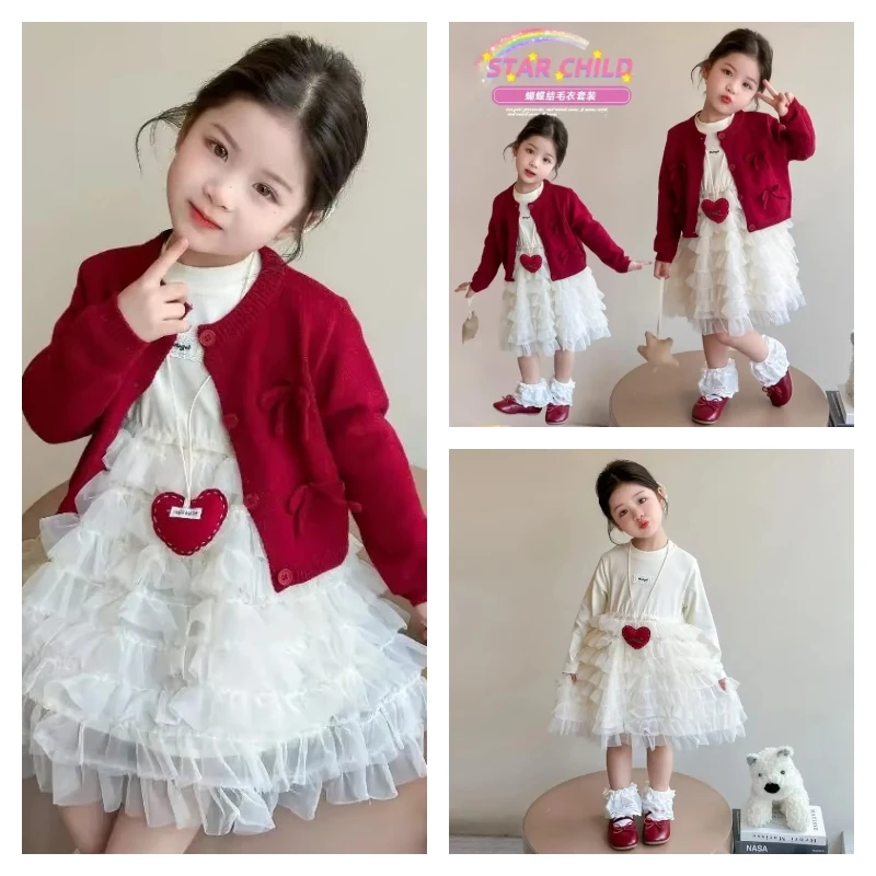 

Горячий кавайный модный комплект свитера для девочек, студенческий весенне-осенний повседневный трикотаж, платье принцессы, комплект из 2 предметов, детская одежда