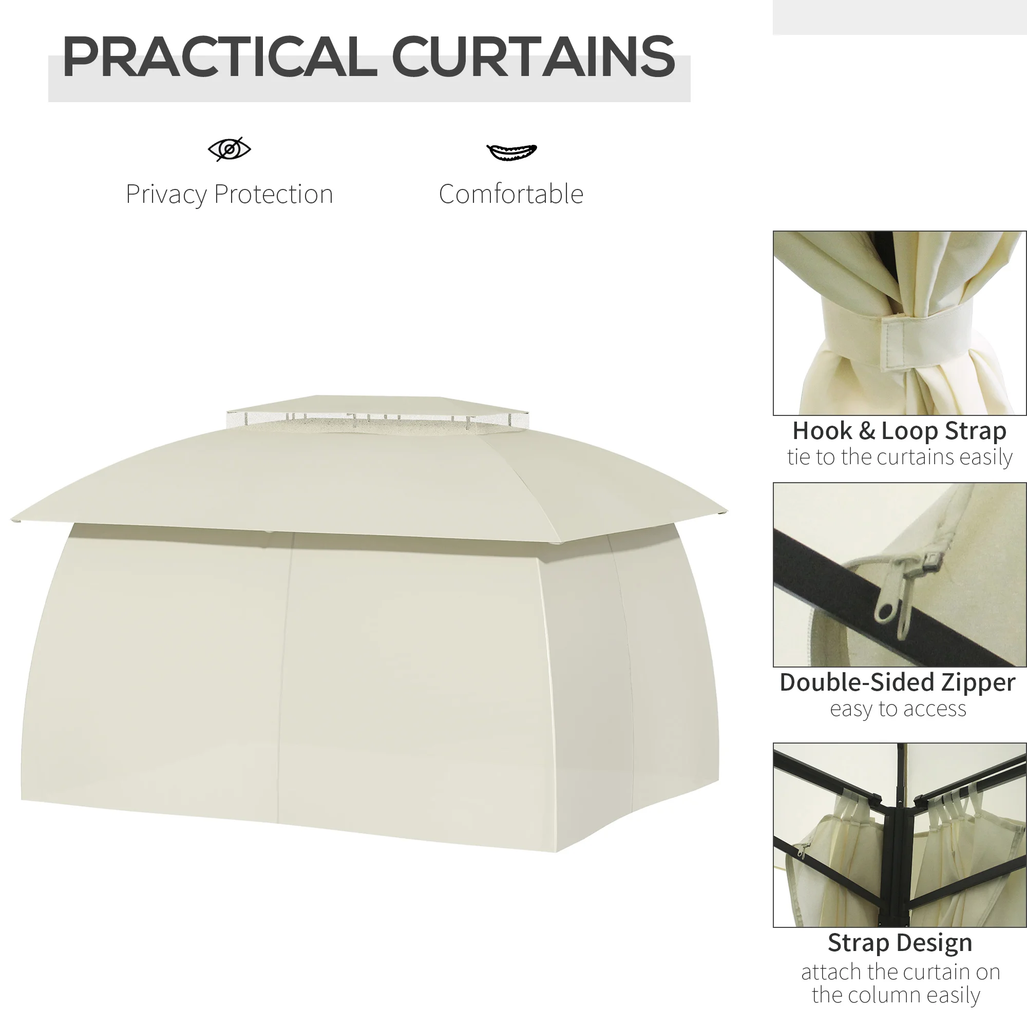 13' X 10' Patio Gazebo, Double Vented Canopy Shelter, Curtains, Steel, Beige image 5