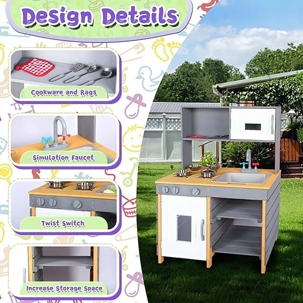 Outdoor Mud Kitchen Playset,Wooden Pretend Play Kitchen W/Water Box & Faucet,Kitchenware, Stove,Play Sink,Storage Shelves,Backya