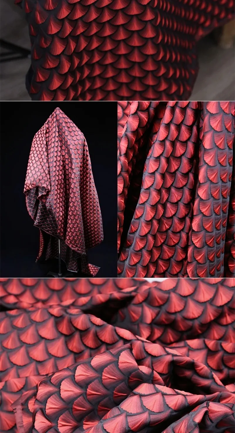 أسود أحمر ثلاثي الأبعاد الإغاثة الأحمر مقياس المنسوجة الديباج على شكل مروحة الجاكار المقرمش الملابس أقمشة اللباس الرسمي للخياطة #5