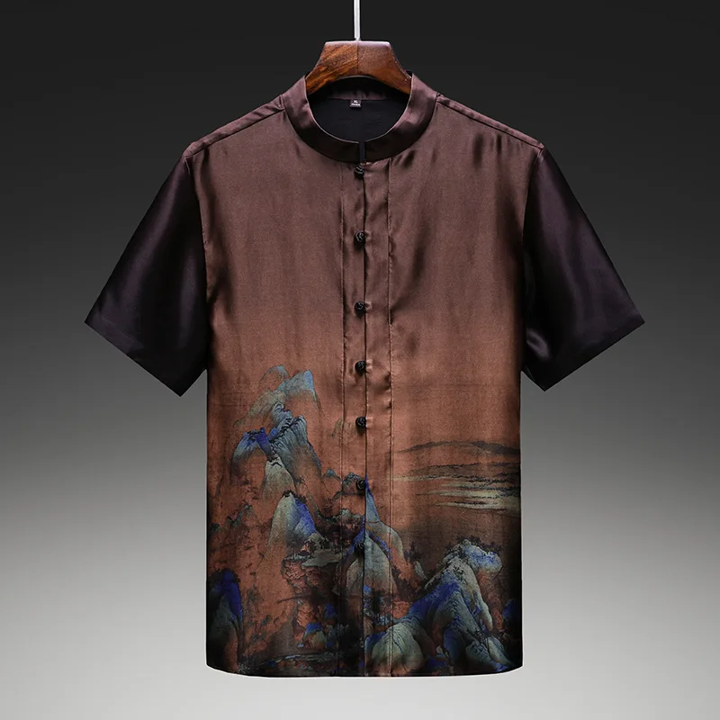 

Real Silk New Xiangyun Yarn Men's Shirt Short Sleeve Chinese Suit Light Luxury High-End Summer Wear
