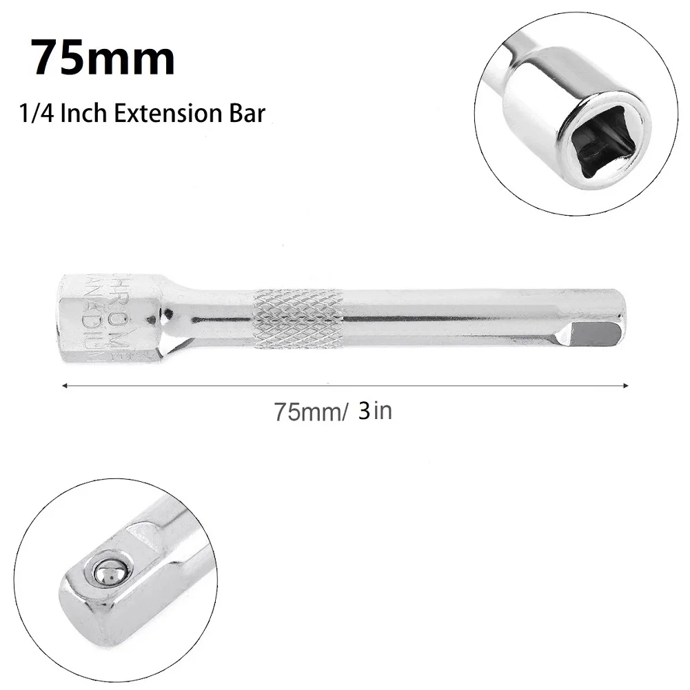 1/4 Inch Chromed Steel Extension Bar Ratchet Socket Wrench Adapter 50/75/100MM Hand Adjustment Hand Tools Long Bar Socket Extend