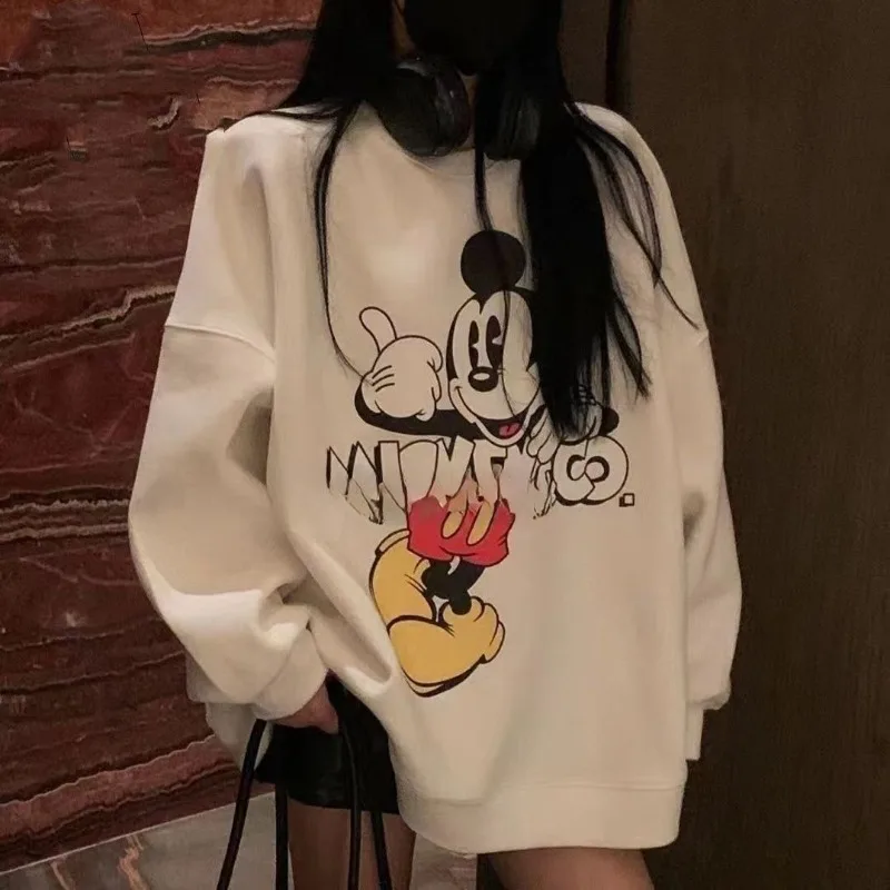 بلوفر ديزني ميني كارتون كاواي عصري للسيدات مطبوع عليه رسوم كرتونية ميكي متوسط الطول برقبة دائرية بلوفر فضفاض متعدد الاستخدامات