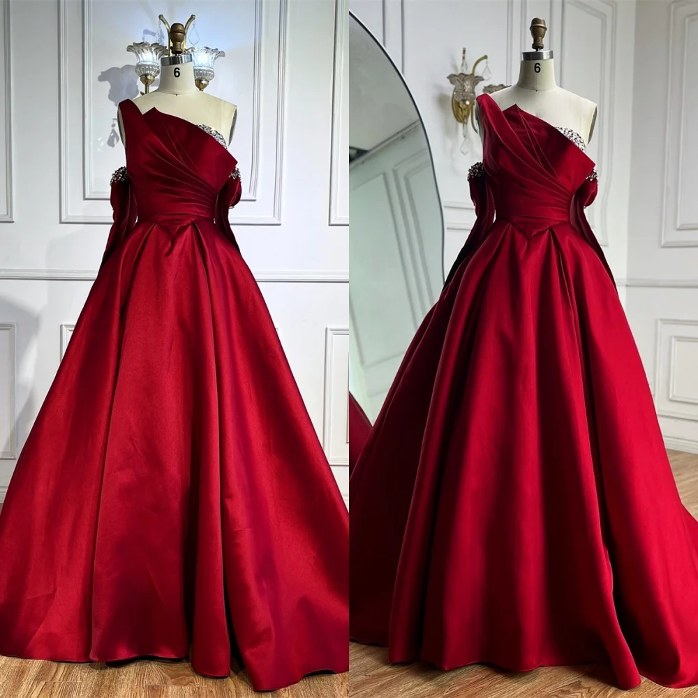 

Customized Classic Burgundy Satin Evening Dress Formal Off the Shoulder Long Sleeves Zipper Back Crystal Special Occasion Gowns