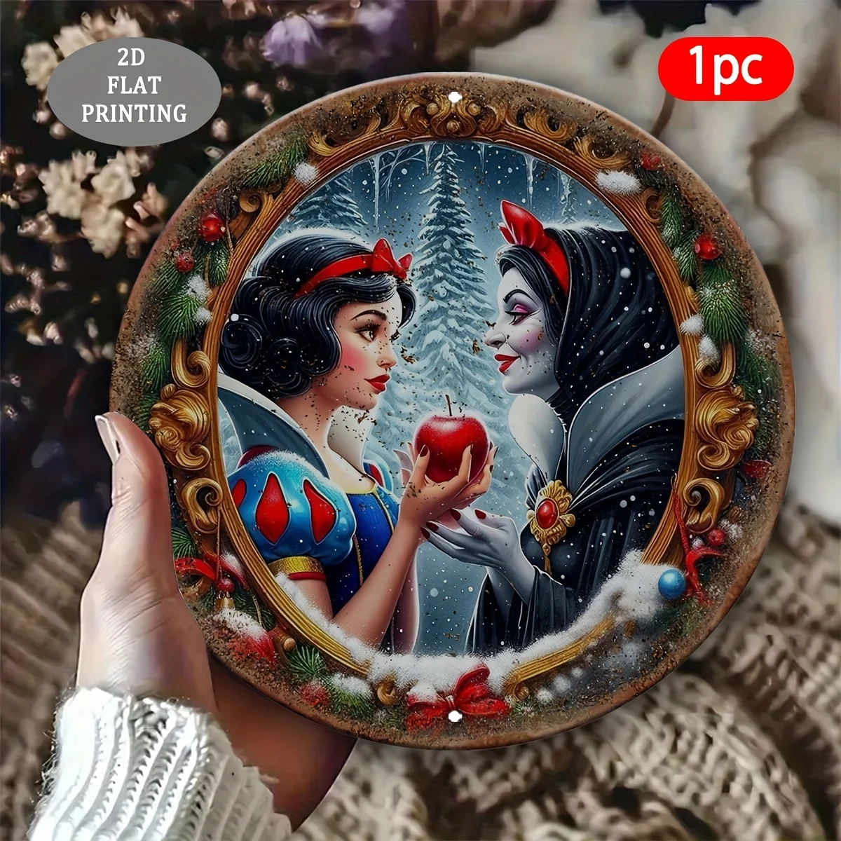 مسطح ثنائي الأبعاد - قطعة واحدة من لافتة حائط ألومنيوم مستديرة بطابع الأميرة - تصميم مسطح ثنائي الأبعاد مع مشهد شتوي ثلجي، فستان دانتيل أحمر وديكور تفاح، P