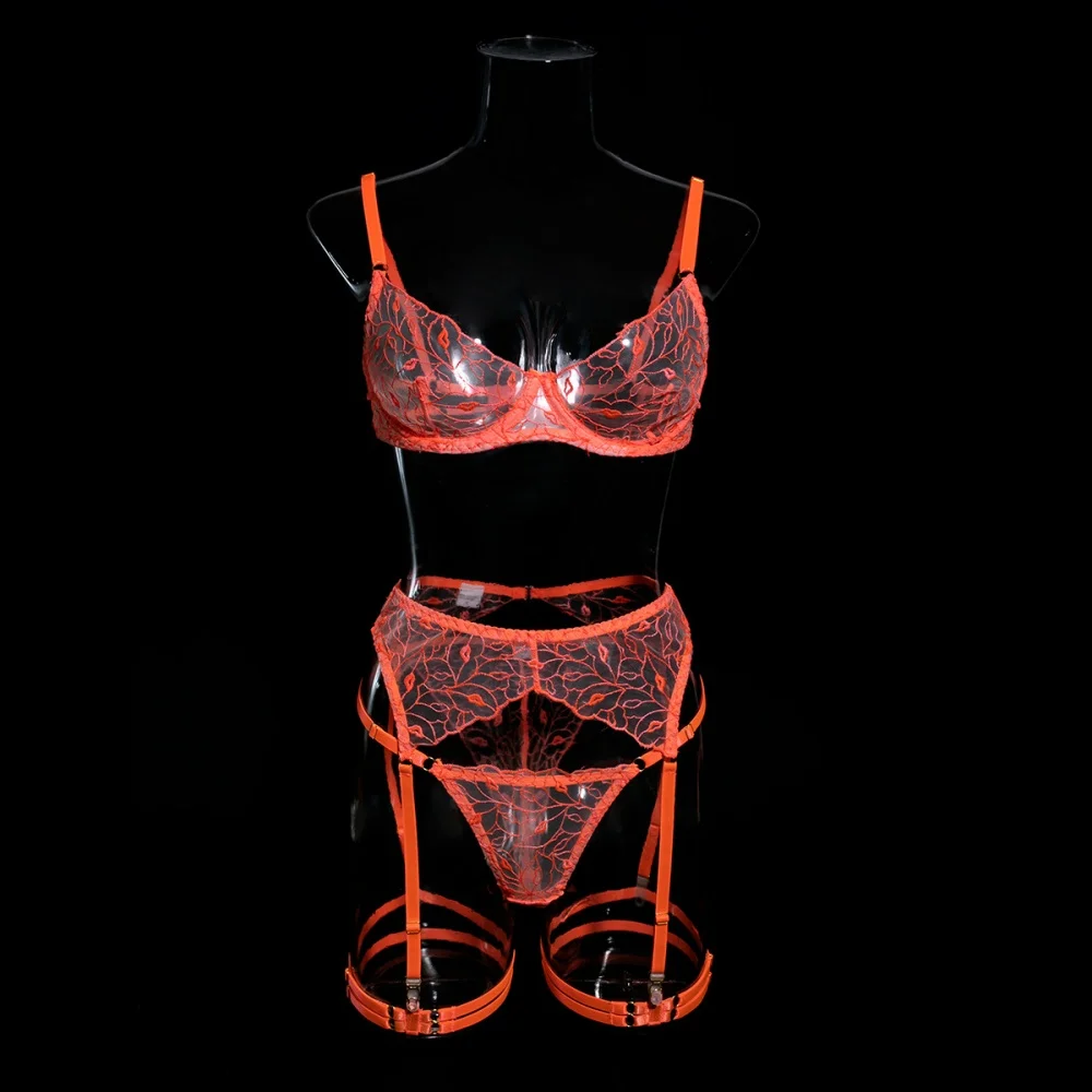 Krasapt sexy laranja lábios transparentes bordado 3 pçs fantasia mulher sutiã e calcinha conjunto com anéis de perna conjuntos de lingerie erótica