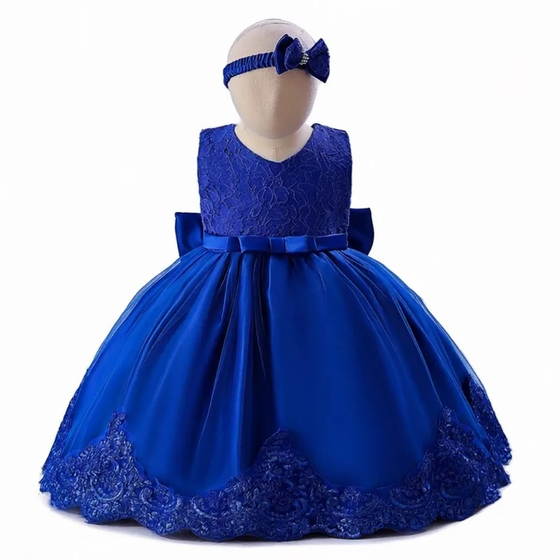 2026 New Red Lace Girls Princess Dress Big Rhinestone Bow Sleeveless Tulle Dress With Matching Headband Kids Flower Girl Wedding
