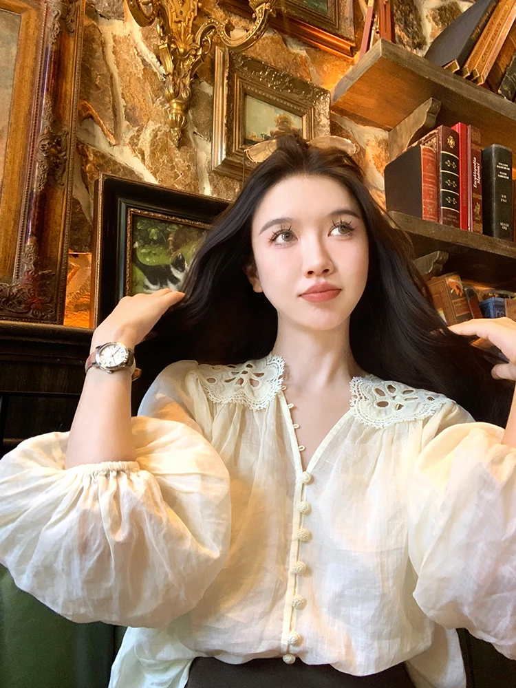 

Женская блузка Ele White Moonlight из шелка с вышивкой, уникальный дизайн, омолаживающий эффект, свободный крой, длинный рукав